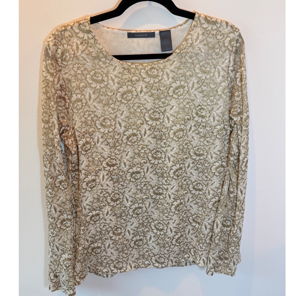 Liz Claiborne Womens XL Gold Metallic Floral Lace Long Sleeve Lined Blouse Top
